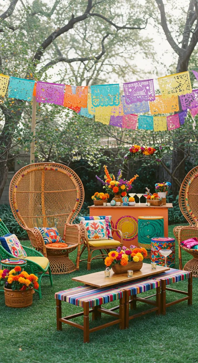 Kleurrijke fiesta lounge met pauwenstoelen, papel picado en felle kussens.