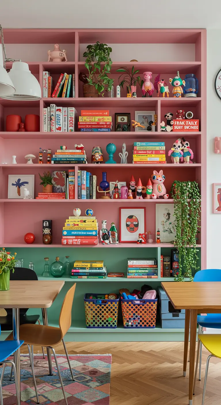 Hoge roze en groene open kast vol boeken en decoratie