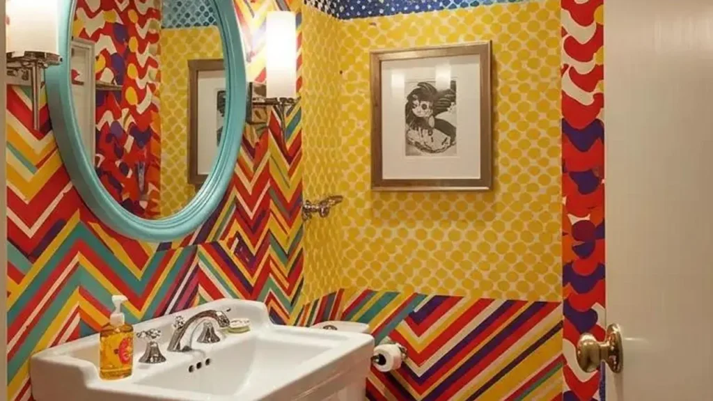 Een levendige badkamer met kleurrijke patronen op de muren, een witte wastafel en een blauwe spiegel.
