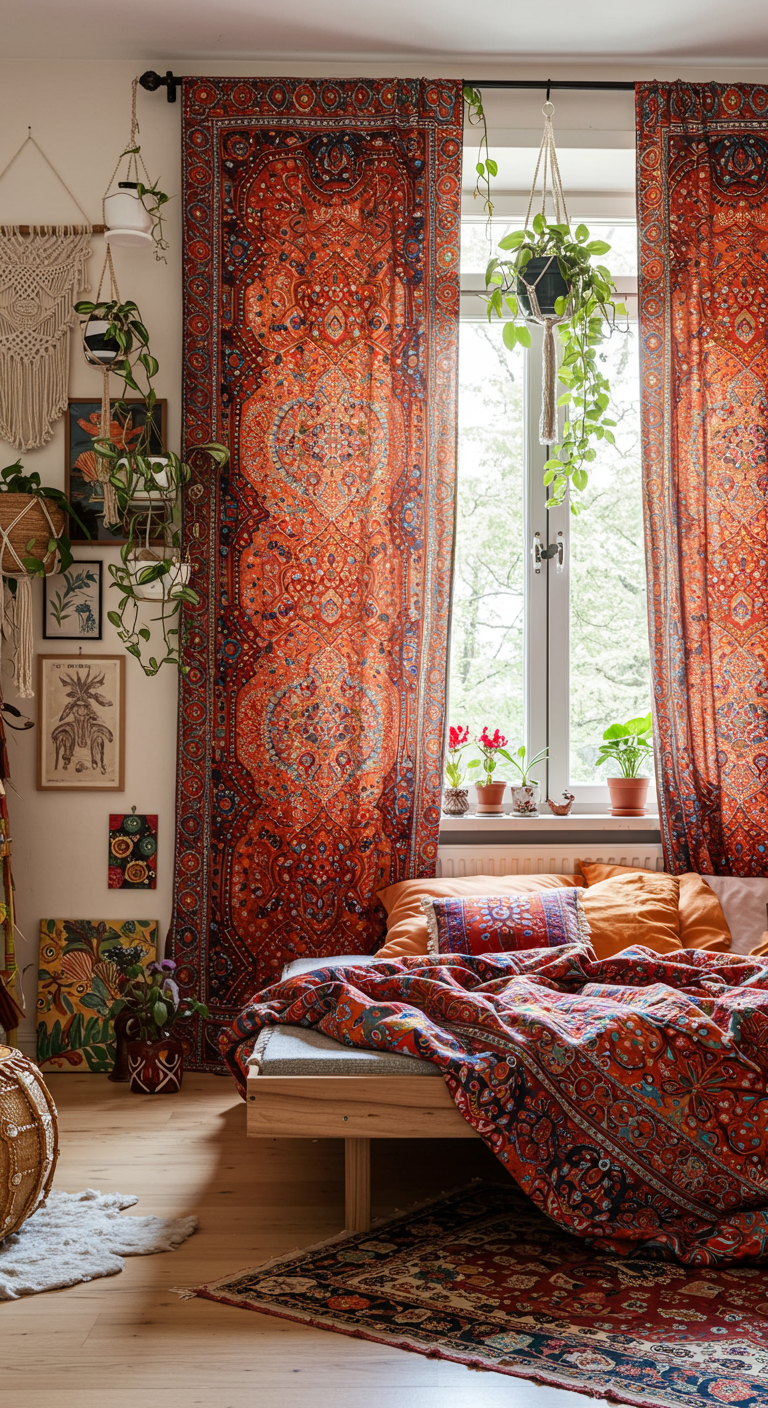 Bohemian slaapkamer met feloranje bedrukte gordijnen en veel planten.