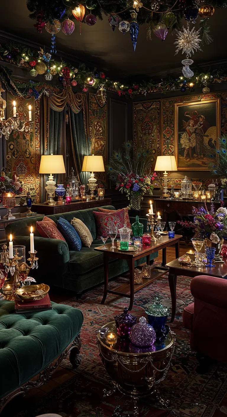 Koninklijke woonkamer met donkere kleuren, gouden accenten en kleurrijke kerstdecoratie.