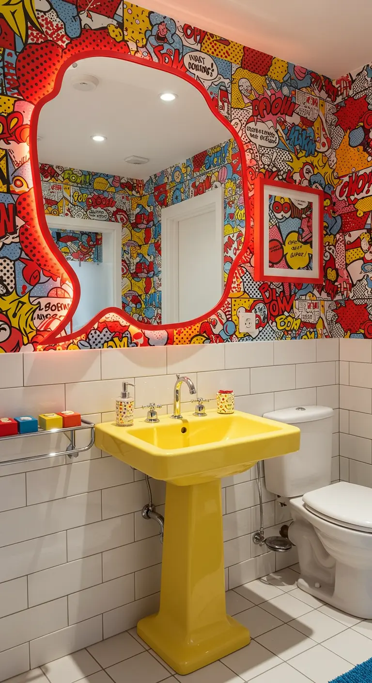 Pop art badkamer met een organisch gevormde spiegel met rode rand en stripboek behang.