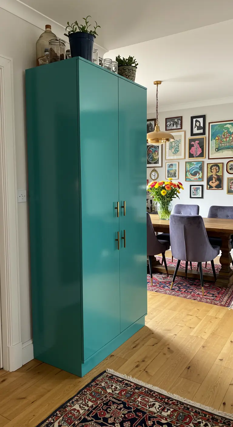 Hoge, smalle turquoise kast in een eethoek, functionerend als discrete wijnopslag.