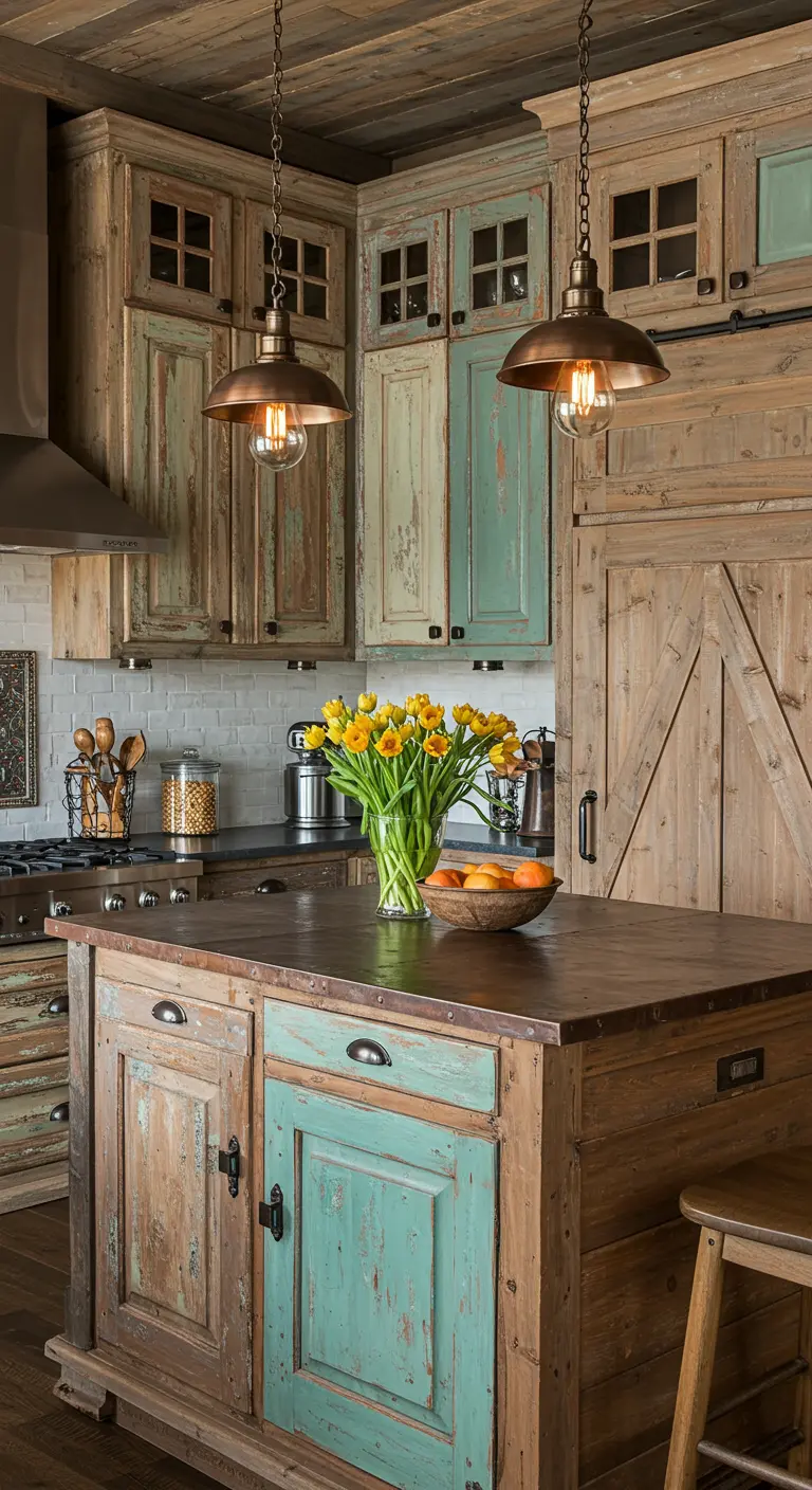 Rustieke keuken met verweerde houten en mintgroene kasten, schuifdeur in barn-stijl, houten kookeiland en koperen hanglampen.