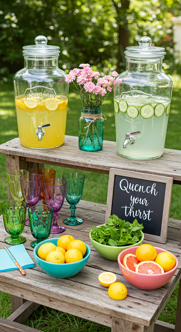Kleurrijk drankbuffet buiten met limonade, vers fruit en gekleurde glazen.