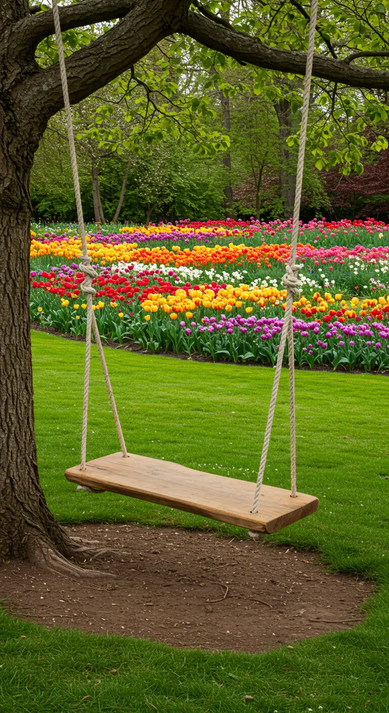 Boomstam-schommel aan touwen onder een boom met op de achtergrond een uitgestrekt veld vol kleurrijke tulpen.