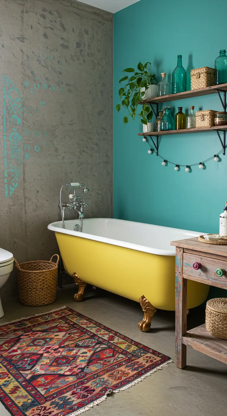 Bohemian badkamer met geel vrijstaand bad, turquoise muur en Perzisch tapijt.
