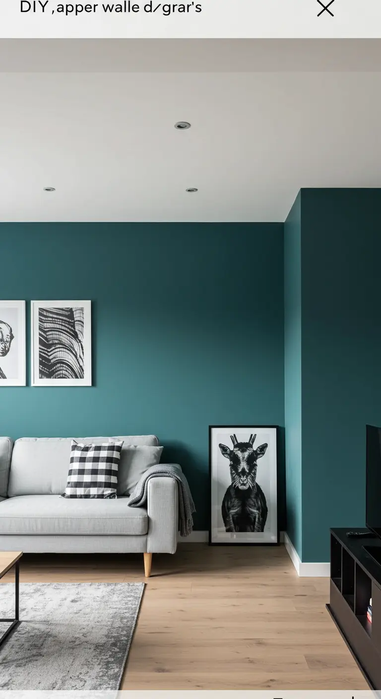 Moderne woonkamer met een diep petrolblauwe accentmuur achter een lichtgrijze bank.