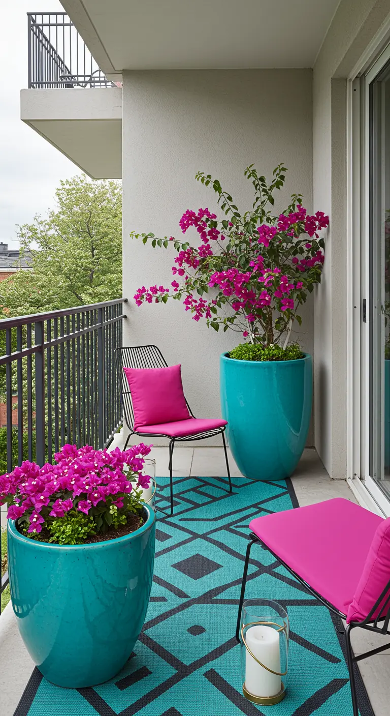 Modern balkon met fuchsia kussens, turquoise potten en een grafisch buitenkleed.