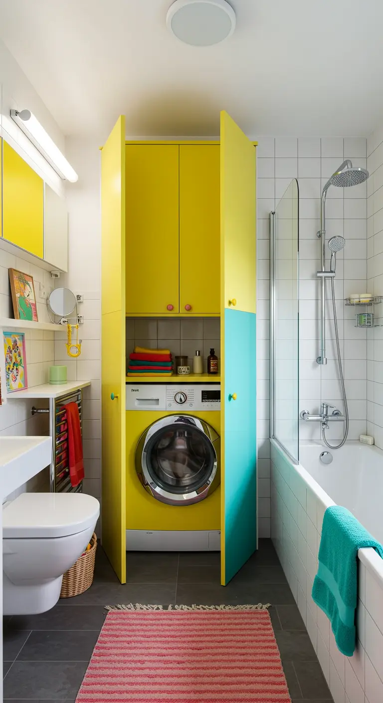 Wasmachine in een felgele kast met een blauw deurpaneel in een kleurrijke badkamer.