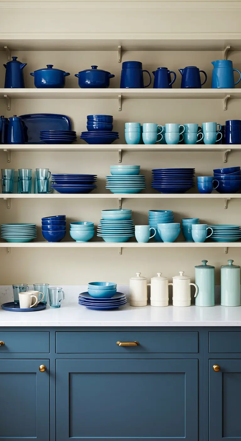 Open witte planken gevuld met servies in verschillende blauwtinten, van donkerblauw tot lichtblauw.