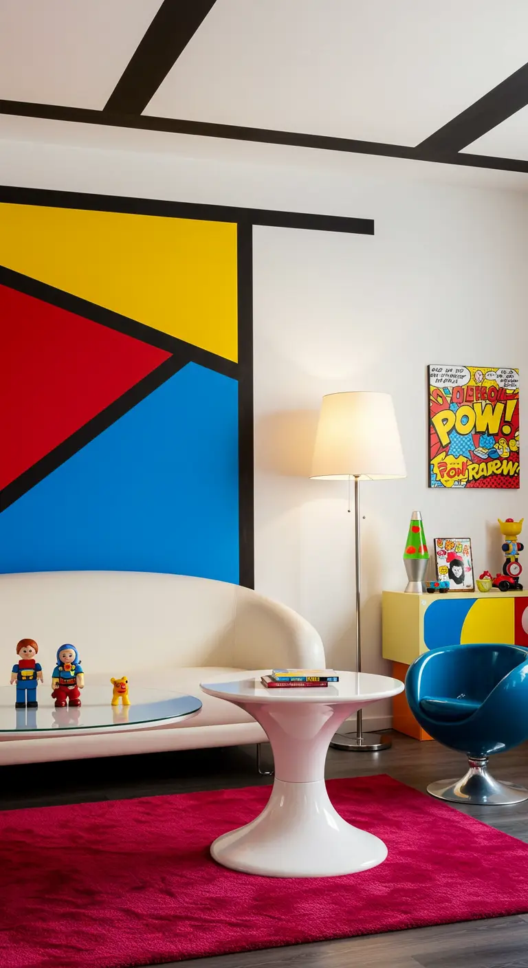 Retro woonkamer met een muurschildering in Mondriaan-stijl met primaire kleuren en zwarte lijnen.