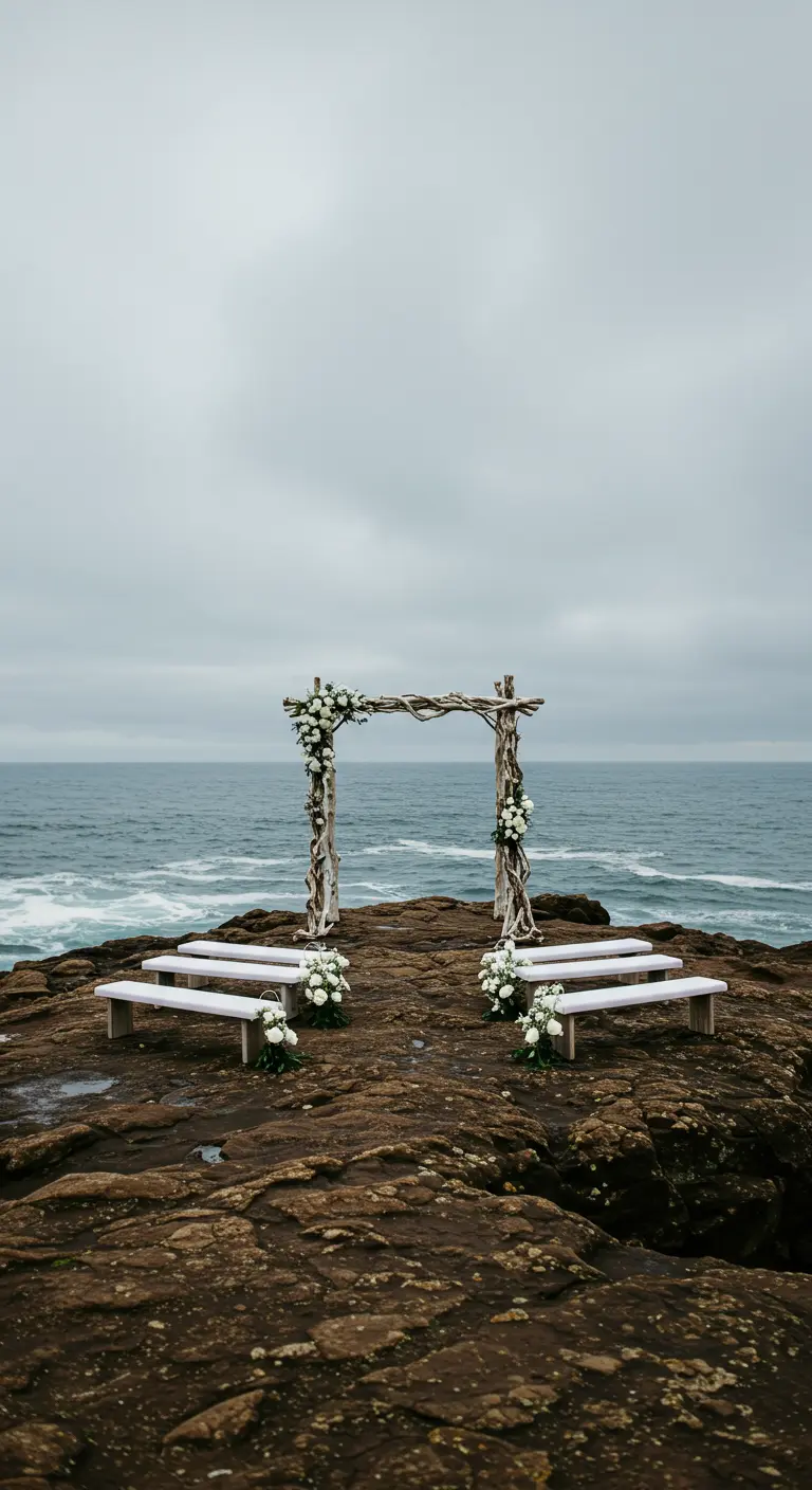 Ceremonie op rotsachtige klif met drijfhoutboog, witte bloemen en uitzicht op zee.