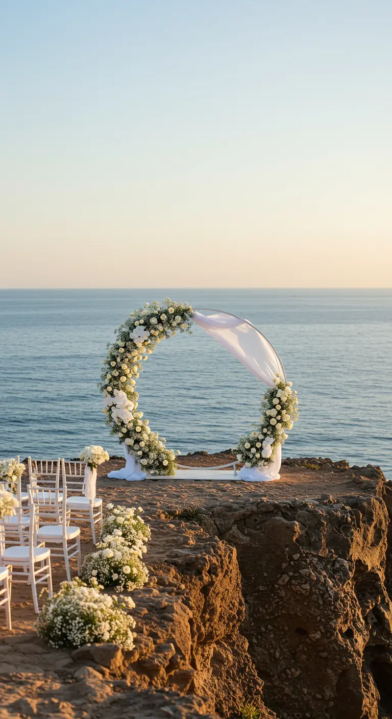 Ronde trouwboog met witte bloemen en doek op een klif met uitzicht op zee.