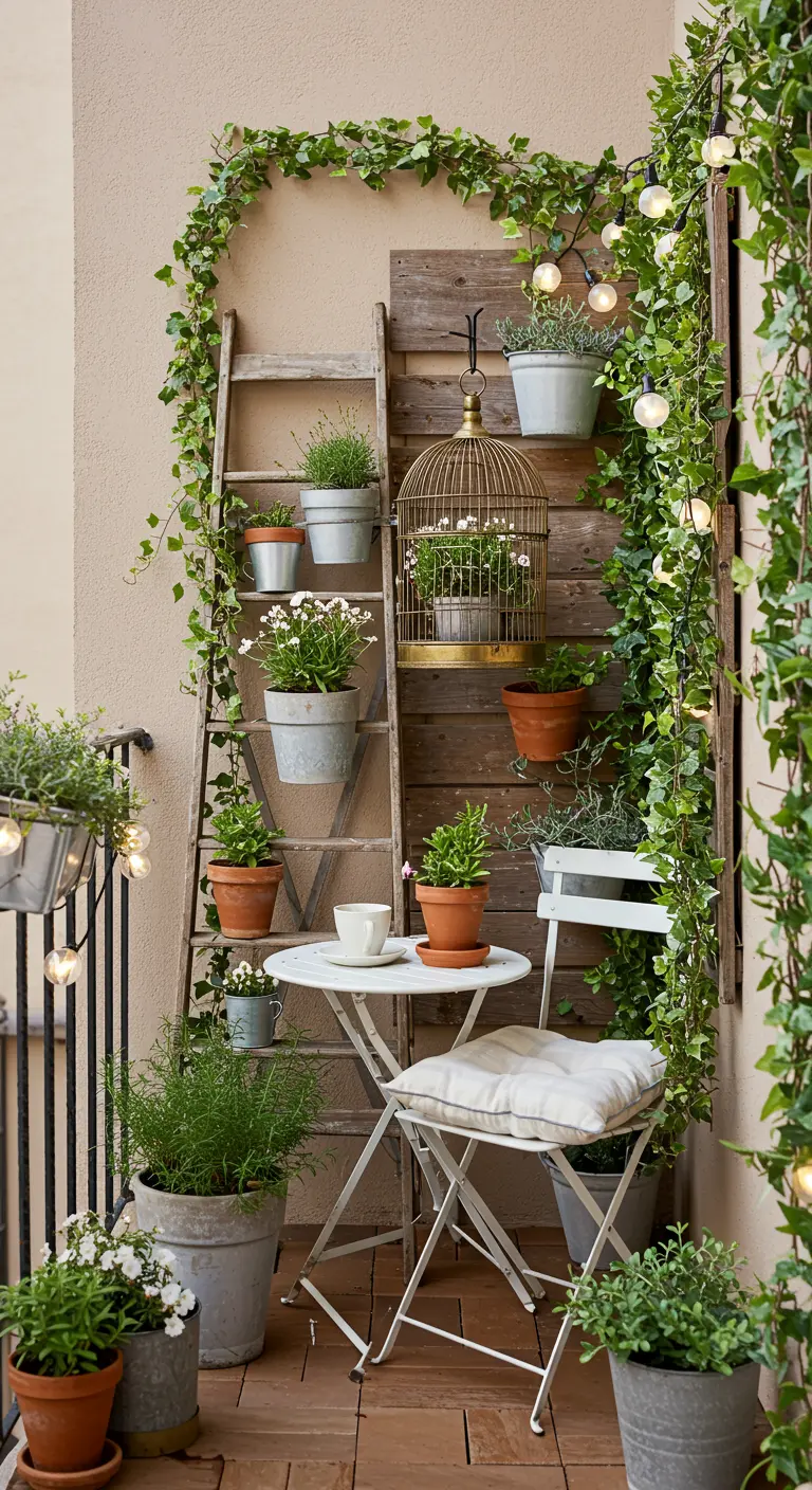 Decoratief balkon met oude houten ladder als plantenrek, klimop en lichtslinger.