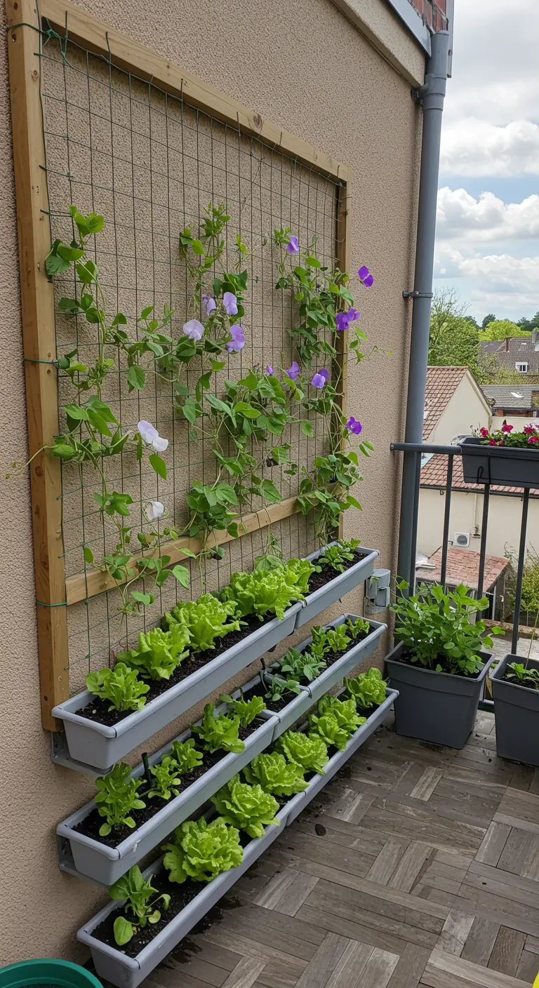 Verticale tuin op balkon met klimplanten en bakken met sla.