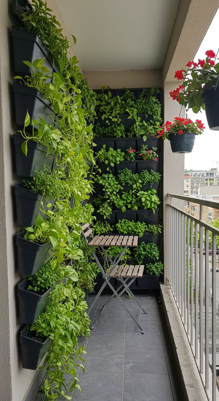 Smal balkon met een verticale plantenwand vol Klimop en andere groene planten, en een klein zitje.