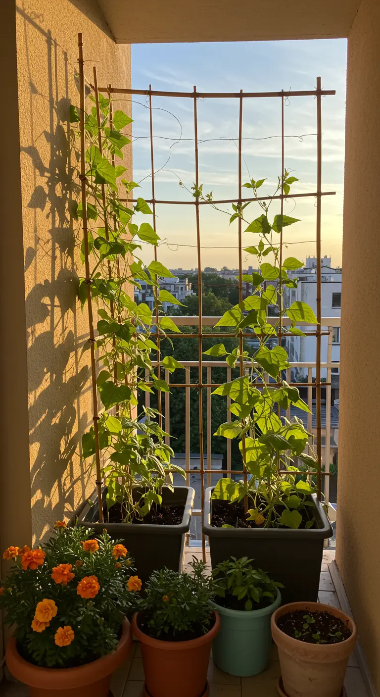 Klimplanten groeien langs een bamboe-rek op een balkon, met potten met afrikaantjes ervoor.
