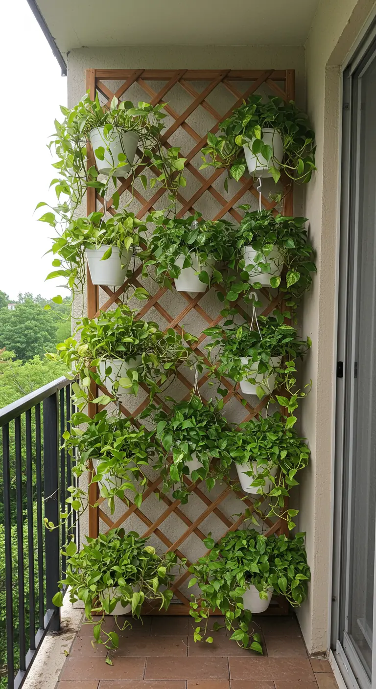 Houten trellis met witte hangpotten vol groene klimplanten op een balkon.
