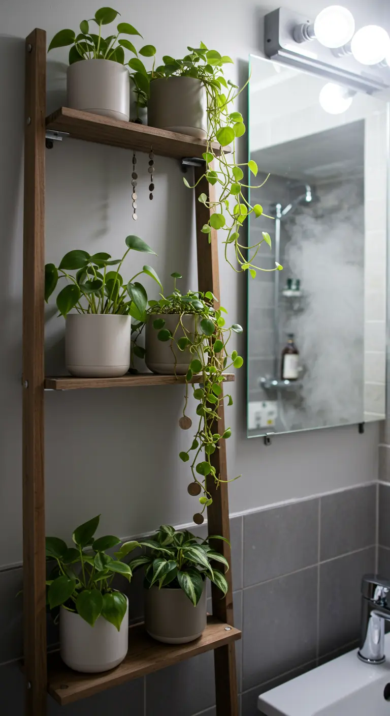 Houten ladder gebruikt als plantenrek met diverse groene planten in een badkamer met beslagen spiegel.