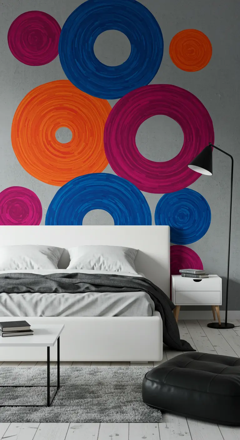Moderne slaapkamer met grote, kleurrijke cirkels geschilderd op de muur achter het bed.