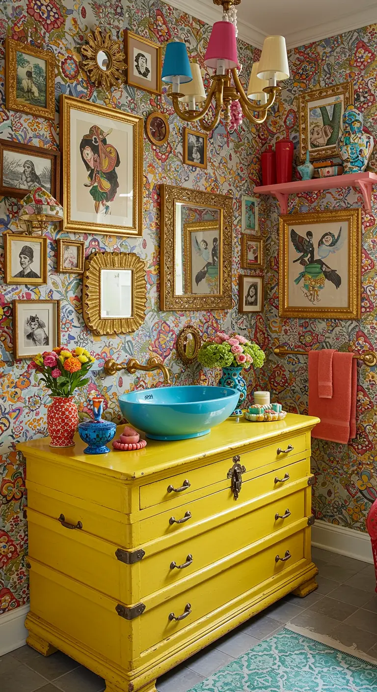 Felgele commode als wastafelmeubel in een eclectische badkamer met bonte prints.