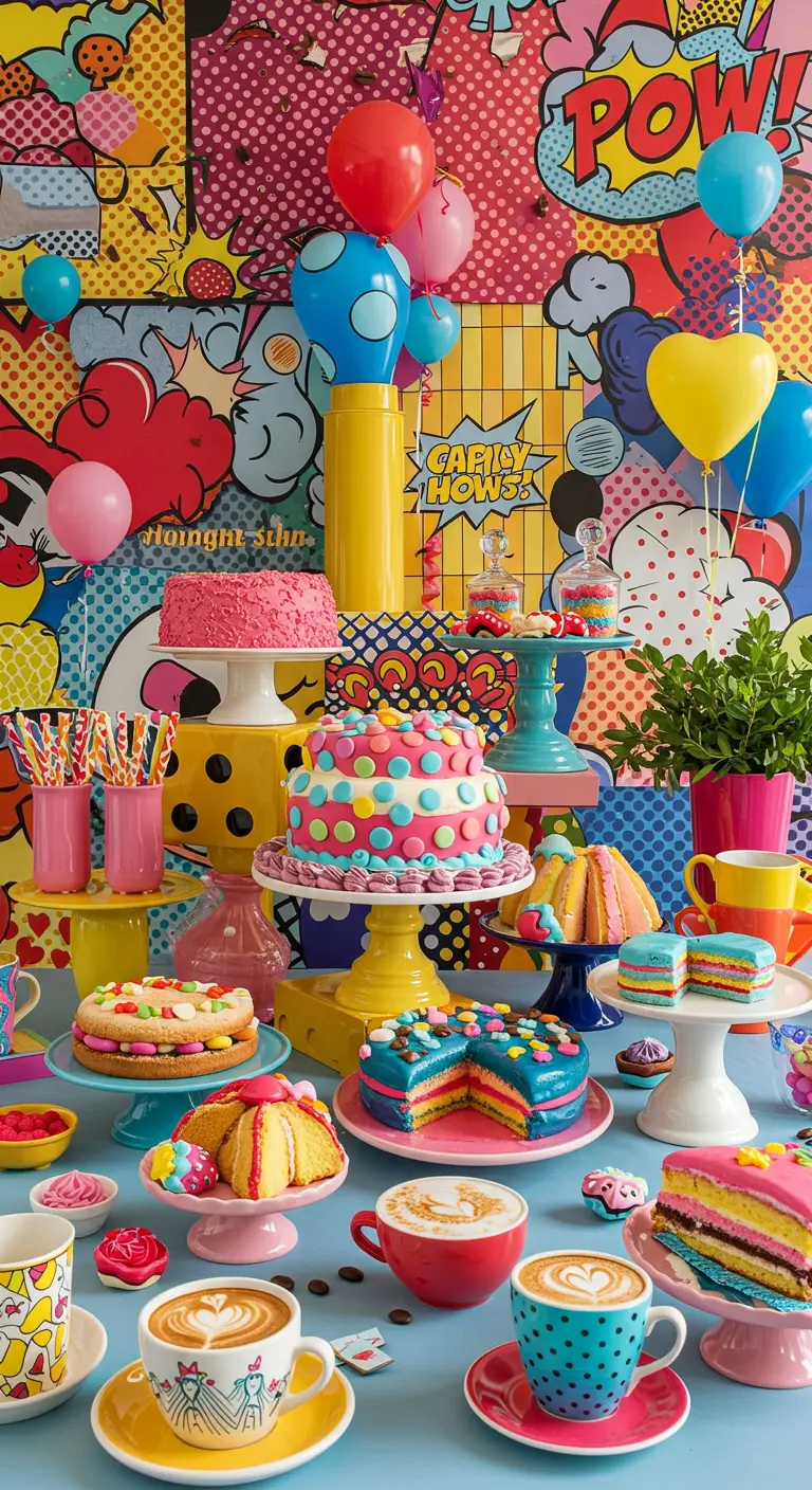 Kleurrijk pop-art themafeest met felle taarten, ballonnen en stripboekachtergrond.