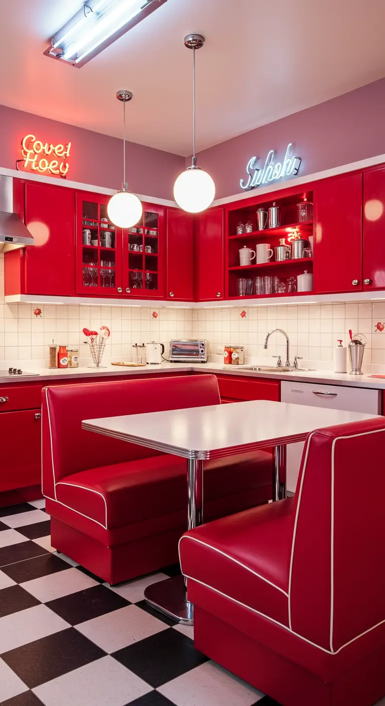 Retro Amerikaanse diner keuken met knalrode banken en kasten, en zwart-witte vloer.