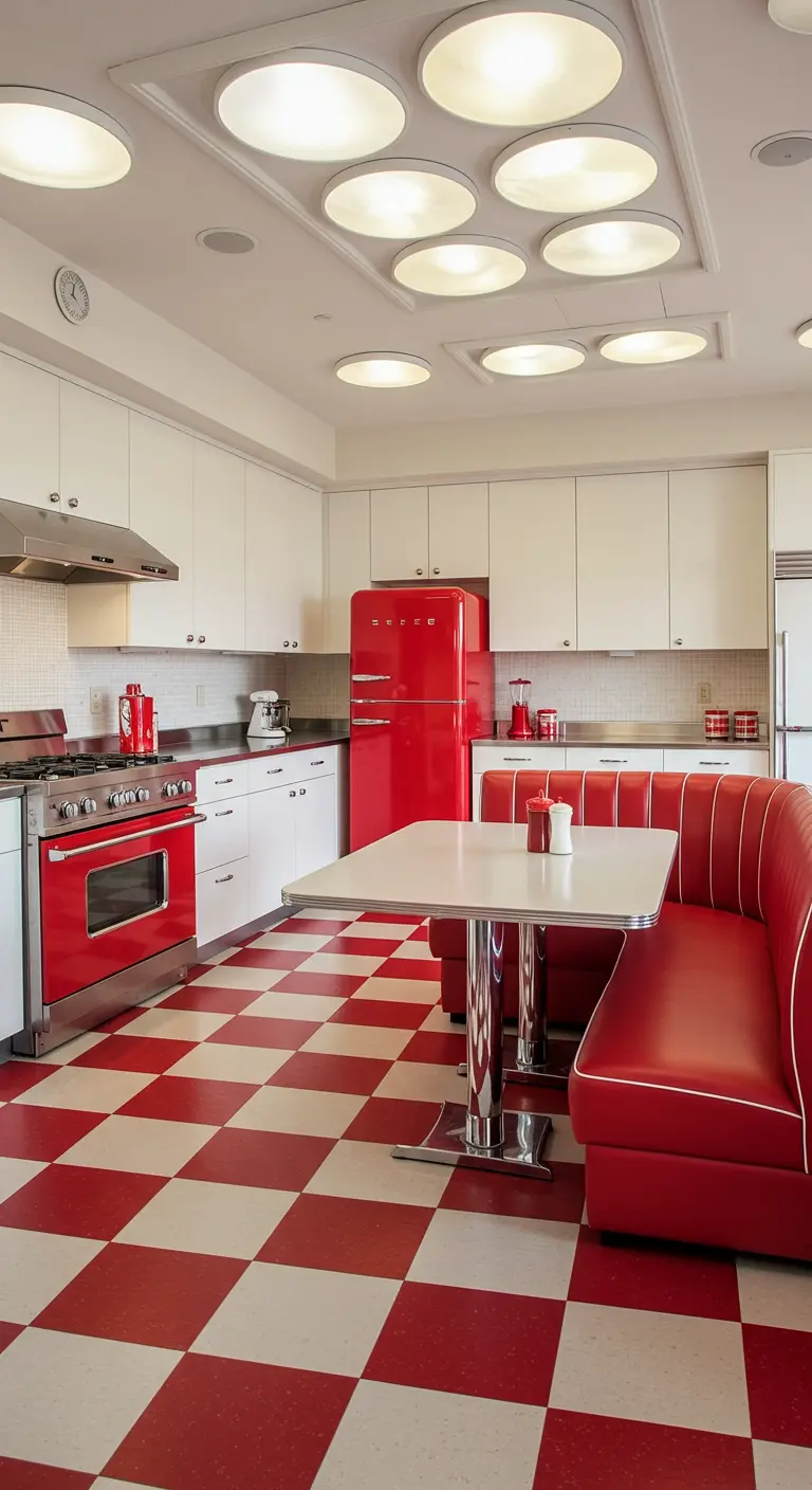Knalrode en witte retro keuken met geblokte vloer, rode SMEG koelkast en diner-stijl zithoek.