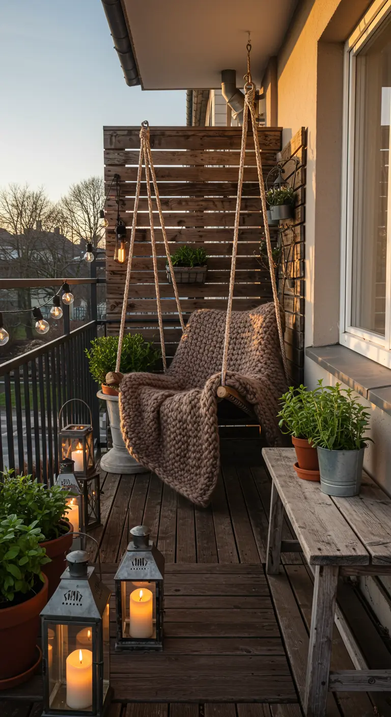 Sfeervol balkon 5 met gebreide hangstoel en kaarslicht