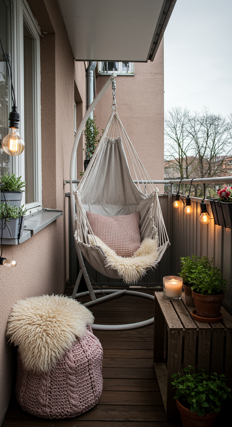 Lichte hangstoel met schapenvacht op klein balkon met lichtsnoer en roze poef.