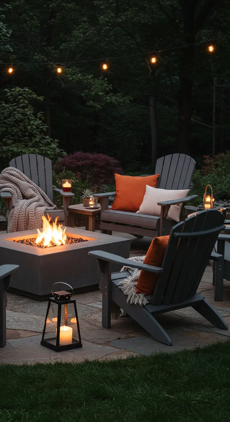 Buiten zitplek rond vuurplaats met Adirondack stoelen, dekens, lantaarns en lichtslingers.