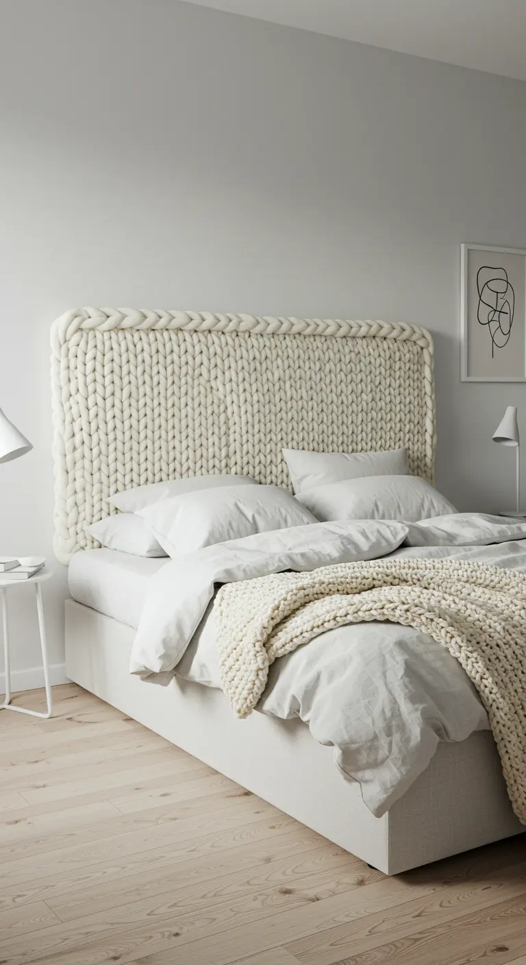 Wit bed met een groot, chunky gebreid hoofdbord in crèmekleur.