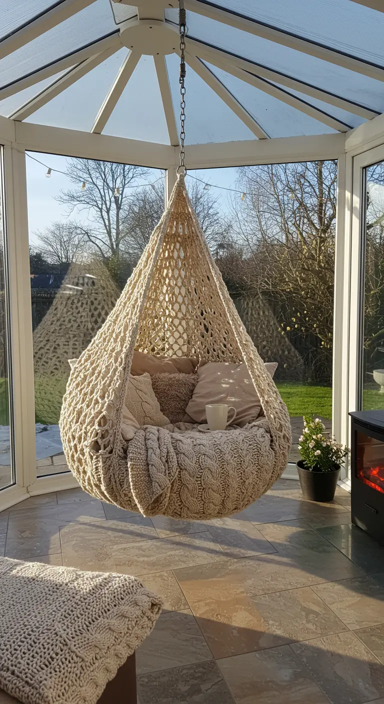 Grote macramé hangstoel gevuld met naturelkleurige gebreide kussens en plaids in een serre.