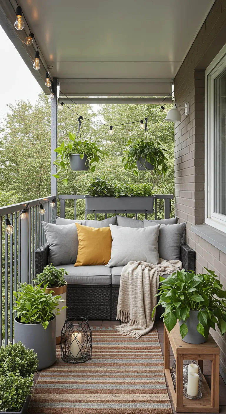 Gezellig balkon met een grijze loungebank, kussens, hangplanten, lichtslingers en een buitenkleed.