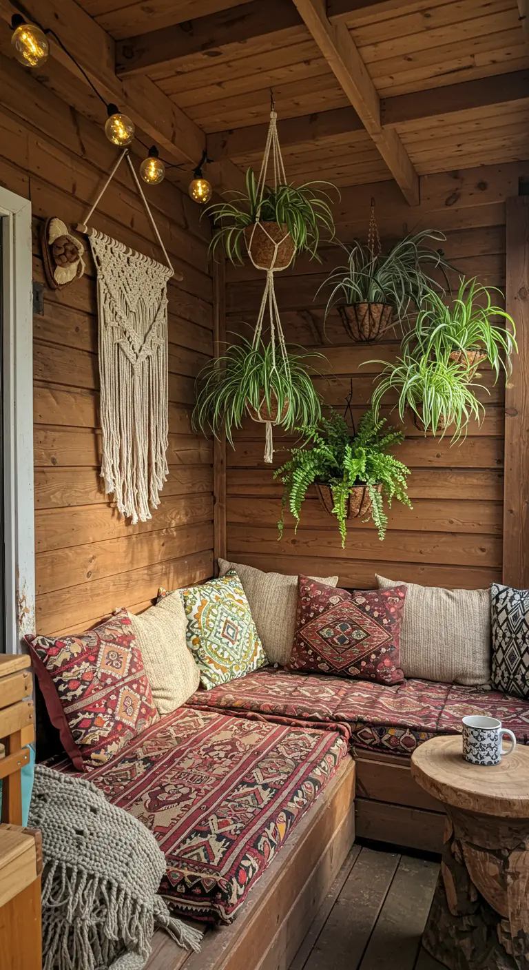 Knus overdekt balkon met houten wanden en een bank met kelim kussens.