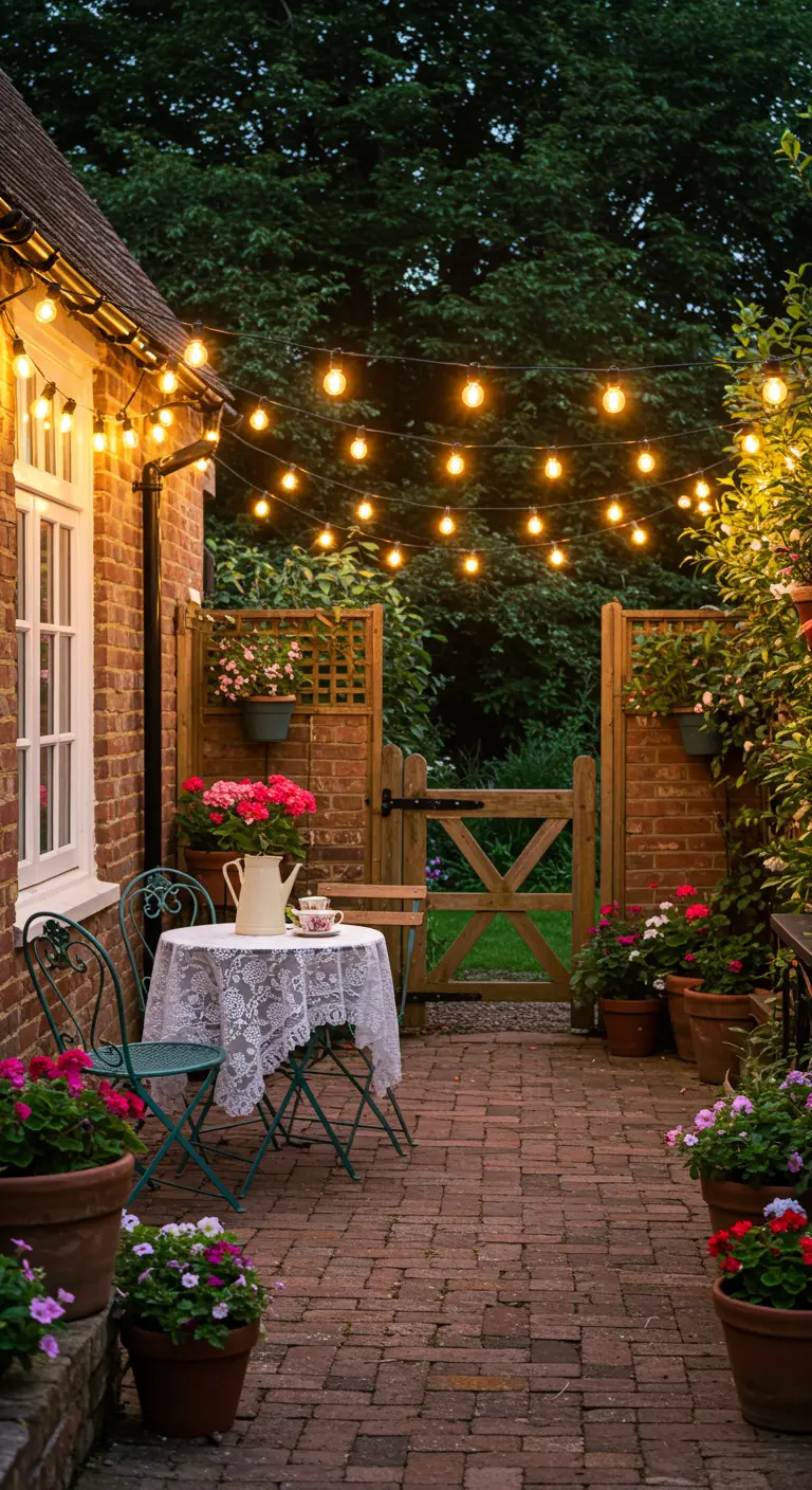 Gezellige kleine patio naast een bakstenen huis met bistrotafel, potplanten en lichtslingers.
