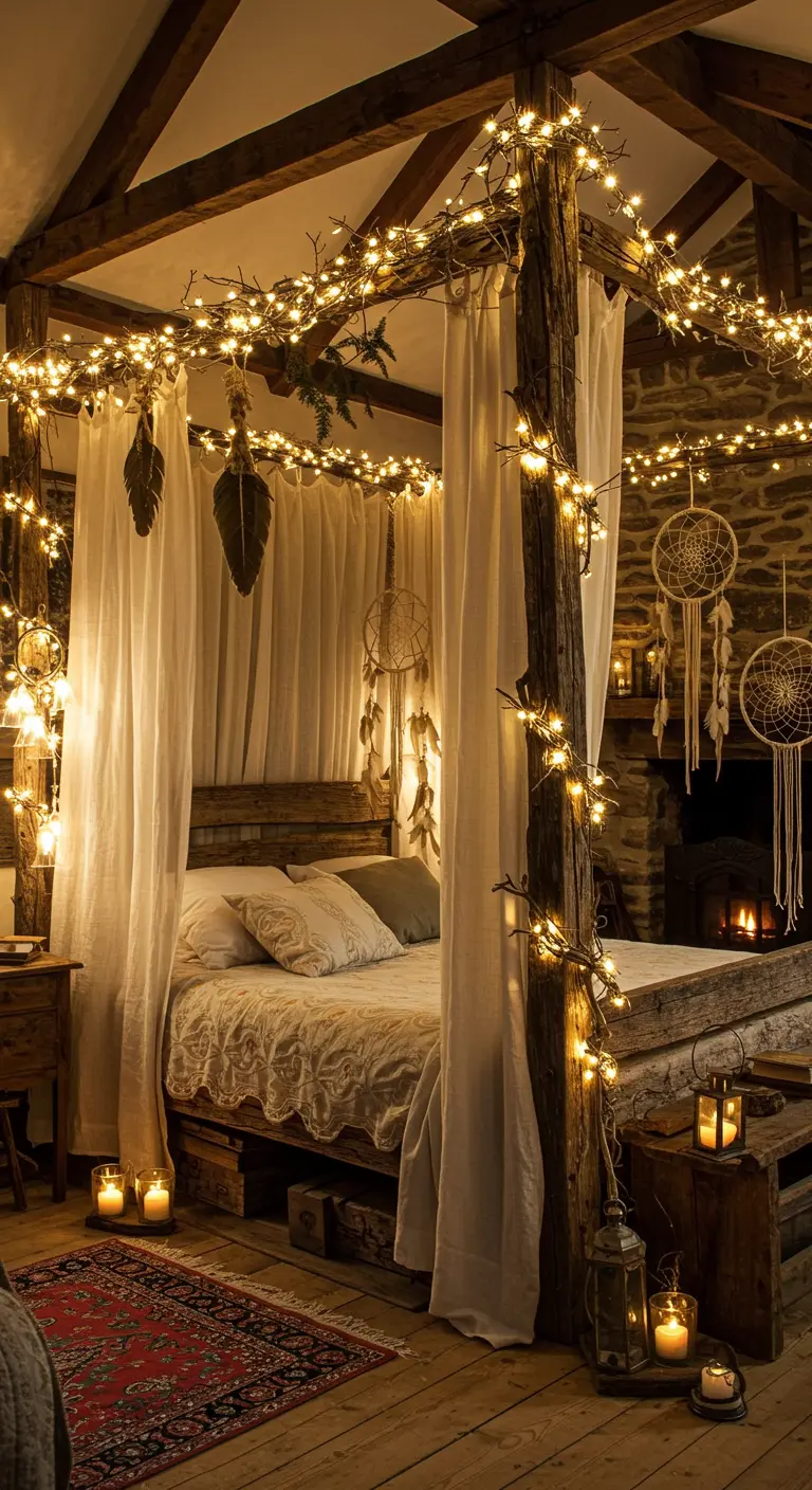 Rustieke slaapkamer met houten bed, veel fairy lights, lantaarns en dromenvangers.