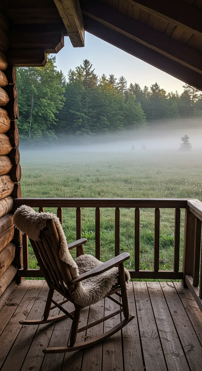 Houten schommelstoel met schapenvacht op een log cabin veranda met mistig veld en bos op de achtergrond.