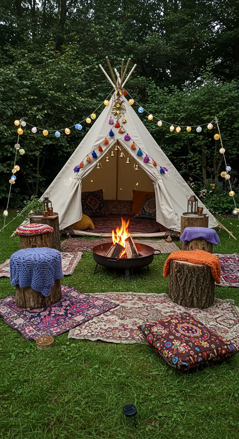 Boho tipi-tent met vuurkorf, kleurrijke kleden, poefs en lichtslingers in de tuin.