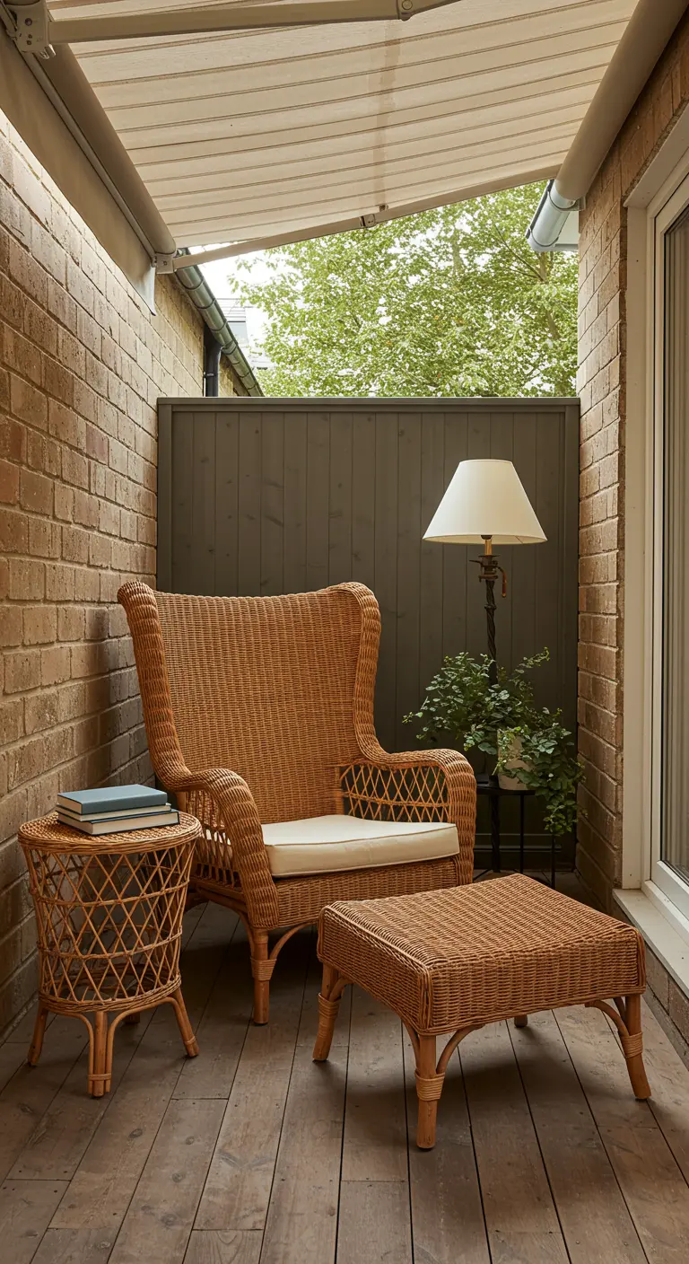 Comfortabele rotan fauteuil met voetenbankje en staande lamp in een beschutte leeshoek buiten.