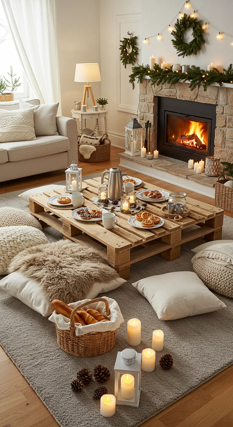 Lage pallettafel met vloerkussens, plaids en kaarsen voor een knus dinee.