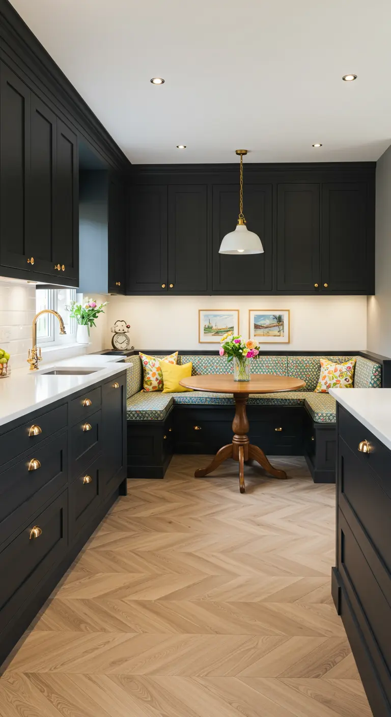 Zwarte keuken met ingebouwde eethoekbank, houten tafel en kleurrijke kussens.