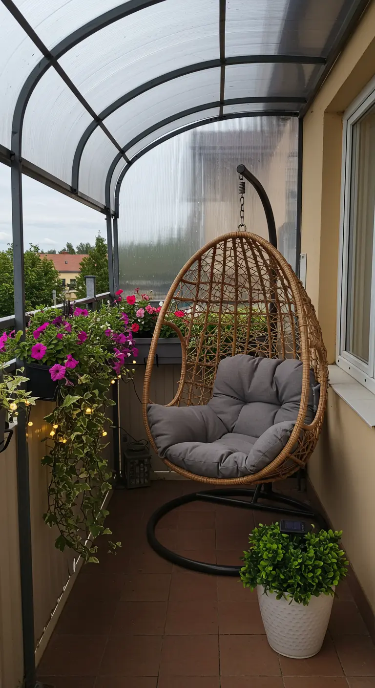Rotan hangstoel onder gebogen transparant afdak op smal balkon met bloemen.