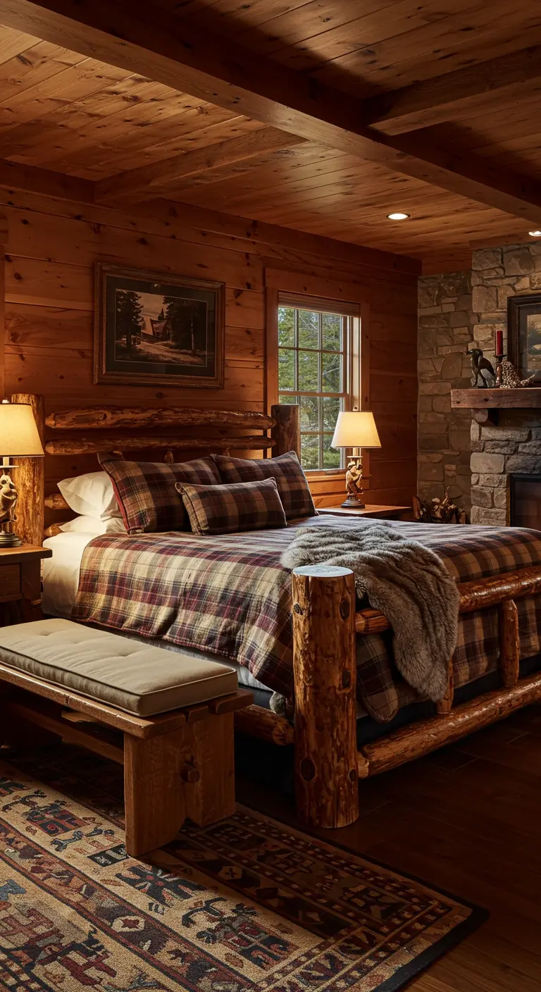 Rustieke slaapkamer in chaletstijl met houten bed en een houten bankje met geruit kussen.