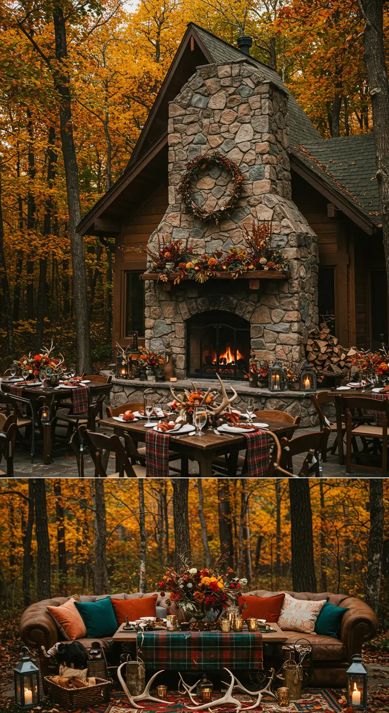 Houten lodge met open haard, gedekte tafels met plaid lopers en herfstdecoraties.