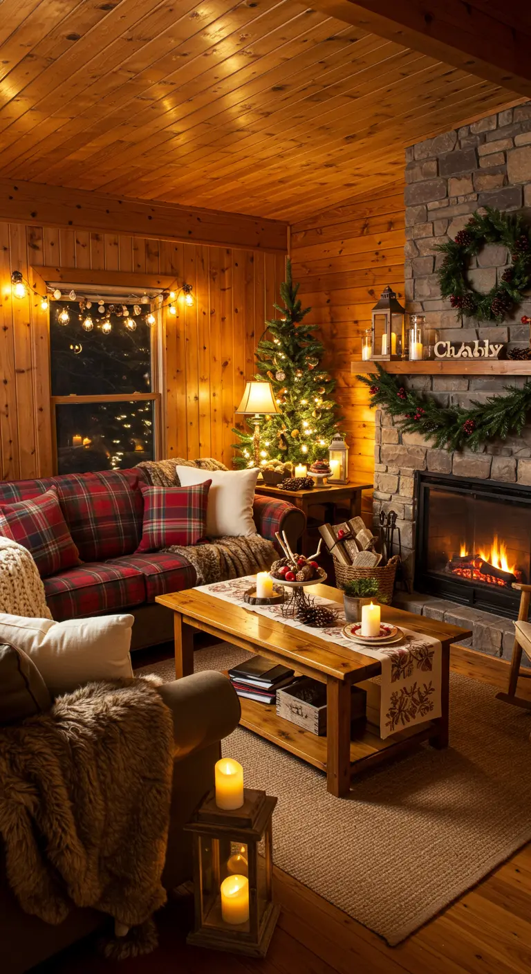 Warme, houten woonkamer met open haard, ruiten plaids en kerstdecoraties.