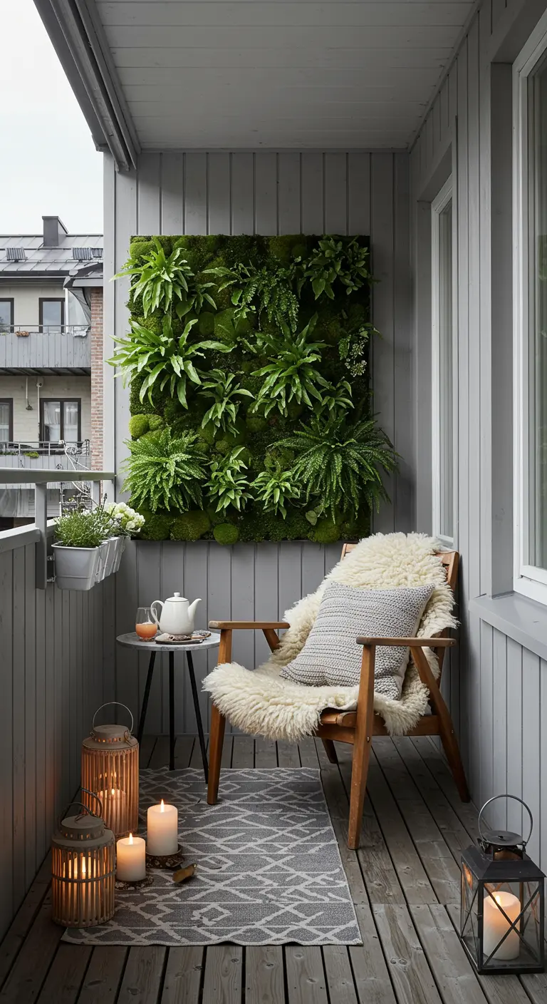 Knus balkon met een zachte fauteuil, een groene moswand en sfeervolle houten lantaarns.