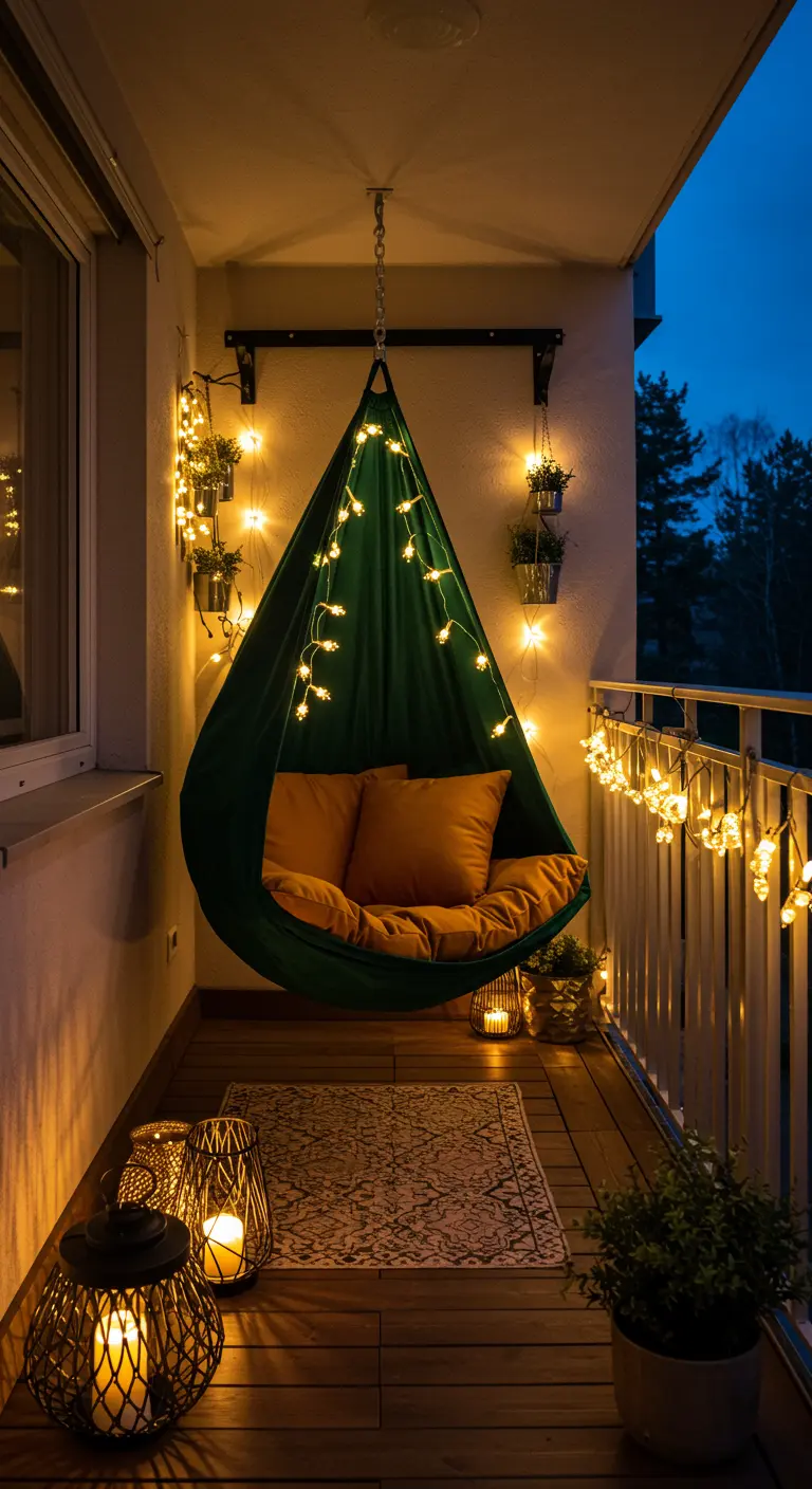 Smal balkon met groene stoffen hangstoel, lichtslingers en lantaarns 's avonds.
