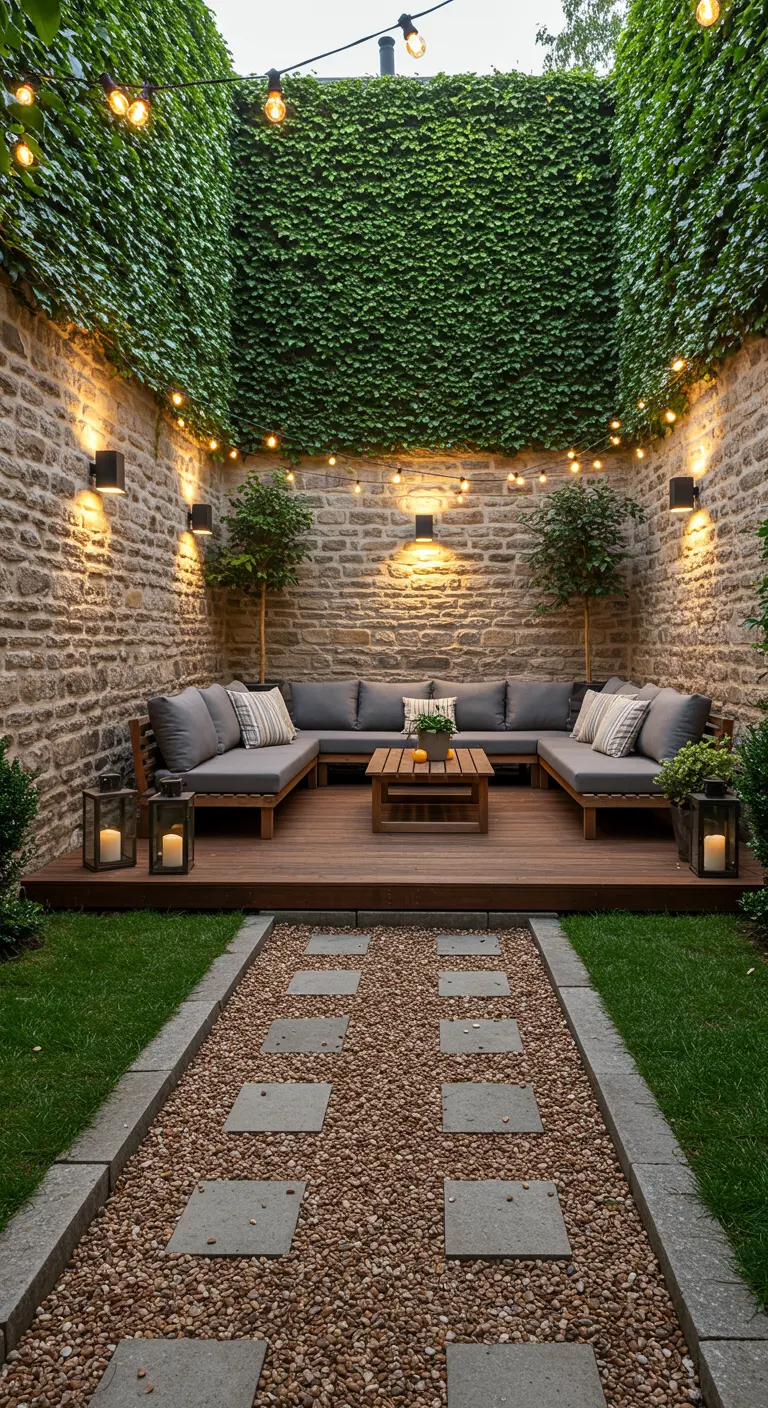 Patio met stenen muren begroeid met klimop, houten vlonder en grote loungebank.